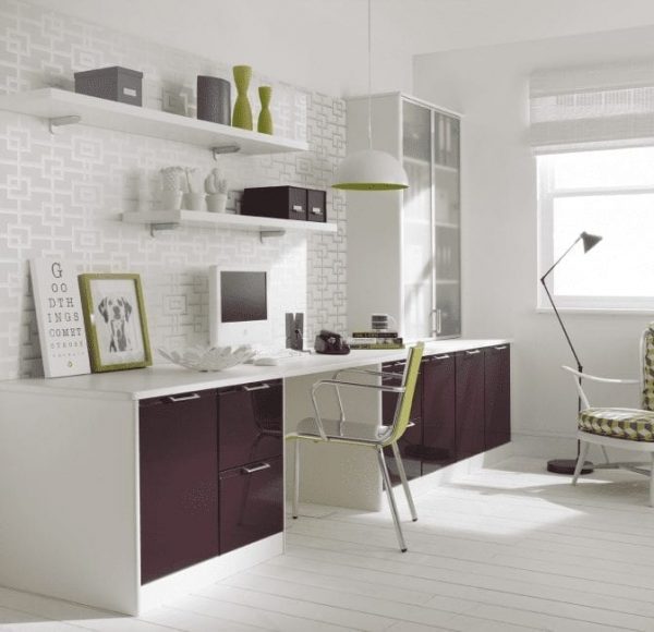 Designer fitted furniture in plum and white